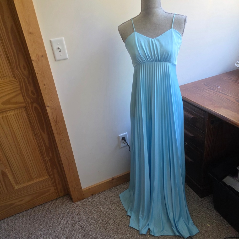Vintage 70s Blue Pleated Maxi Dress Baby Doll Coquette Gown Soft Girl Elevated S